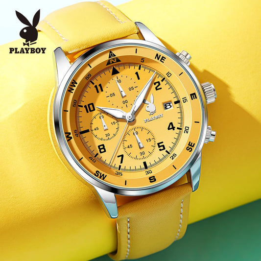 PLAYBOY Luxury Quartz Men's Watches Fashion Casual Leather Strap Sports Chronograph Wristwatch Original Waterproof Watches 3303
