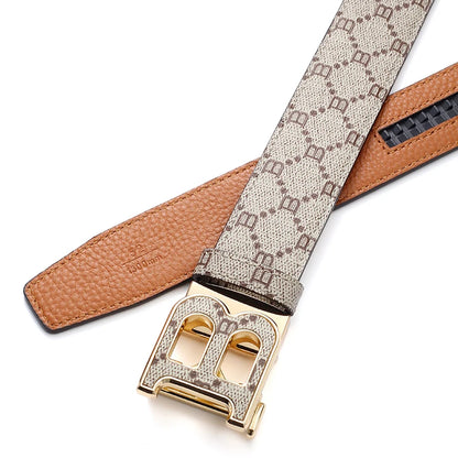 Classic B Print Leather Belt for Men - Adjustable Ratchet Buckle Dress Belt for Suits & Trousers