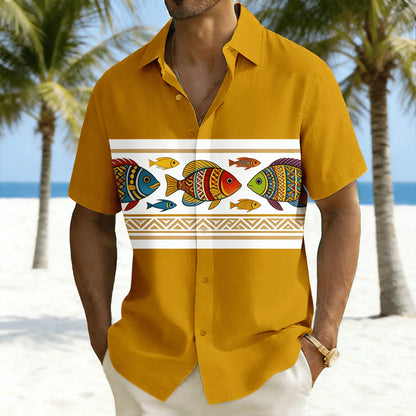 Men's Colorful Parrot Printed Short Sleeve Shirt, Striped and Tropical Macaw Pattern Loose Breathable Shirt