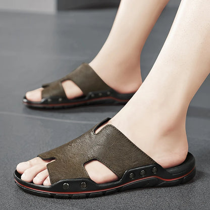 Summer Men Slippers Genuine Leather Breathable Clogs Sandals Beach Classics Leather Slides Outdoor Flip Flops Plus Size Men Shoe