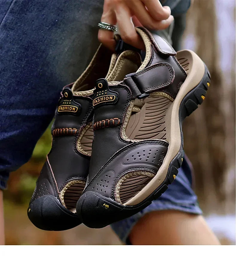 2026 New Men's Sandals Handmade Thick Bottom Rubber Breathable Casual Slip-On Beach Shoes Leather Upgraded Version