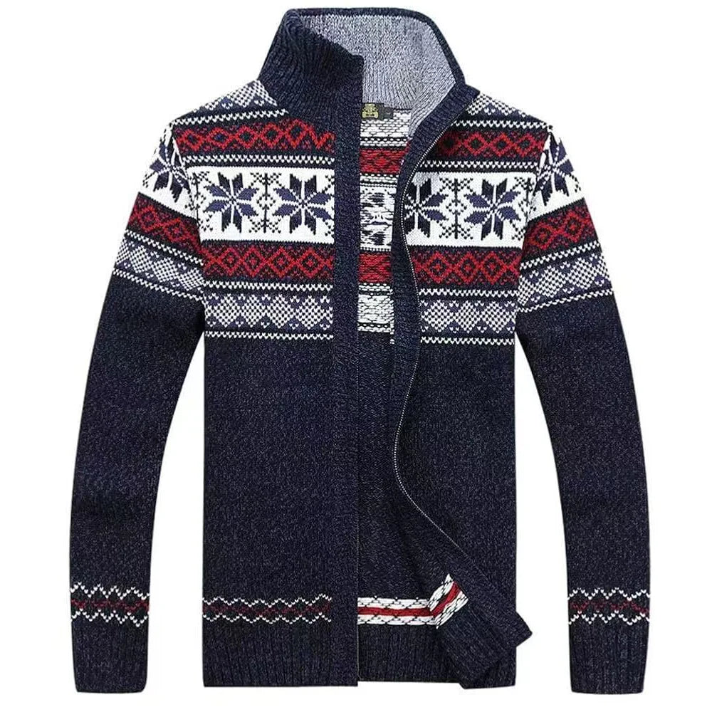Men's Long Sleeve Zip Up Patterned Knit Cardigan Nordic Style Colorful Sweater Coat Ideal for Cold Winter Days Casual Wear