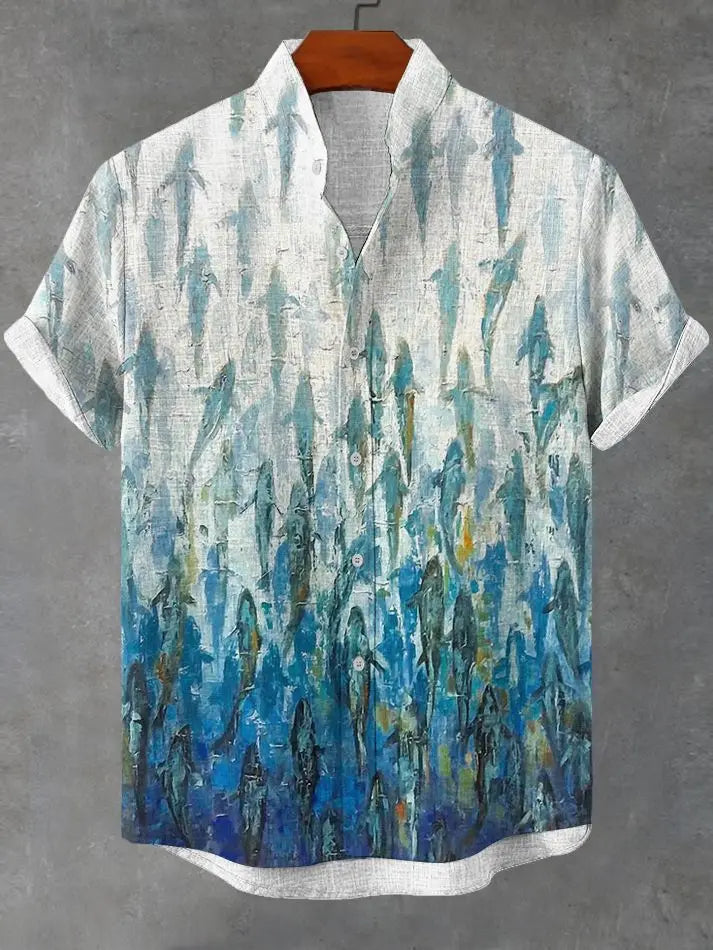 Summer Men's Casual Sea Life Graphic Short Sleeved Shirt Button Down Lapel Shirts Oversized Tops Casual Hawaiian Shirt for Men
