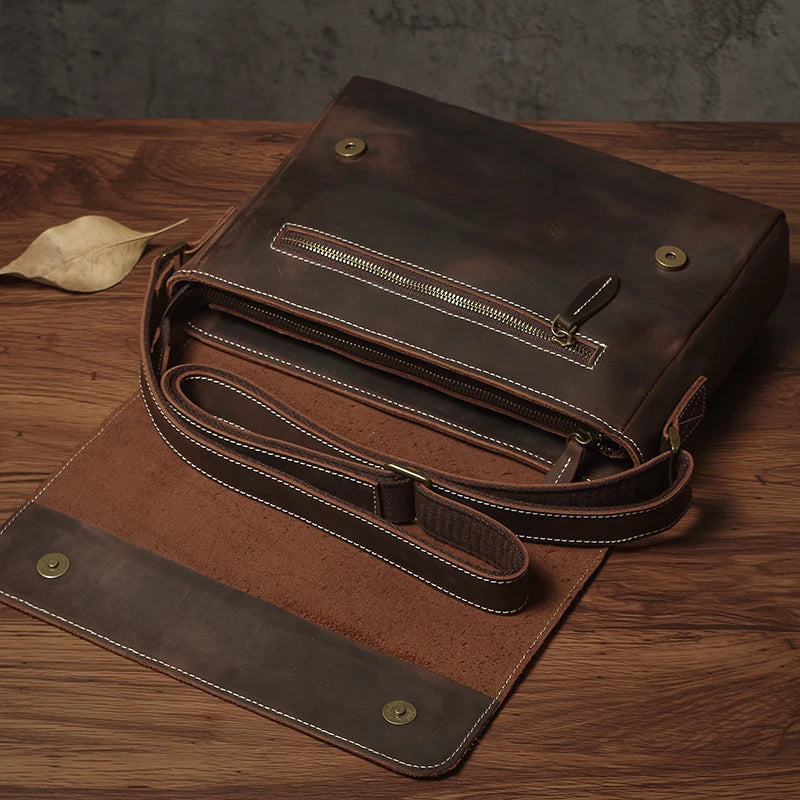 NUKA Men's Genuine Leather Shoulder Bag Retro Original Cowhide Horizontal Crossbody Deluxe Flap Messenger Bags For 11 Inch Ipad
