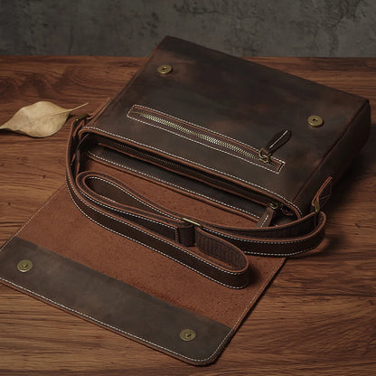 NUKA Men's Genuine Leather Shoulder Bag Retro Original Cowhide Horizontal Crossbody Deluxe Flap Messenger Bags For 11 Inch Ipad