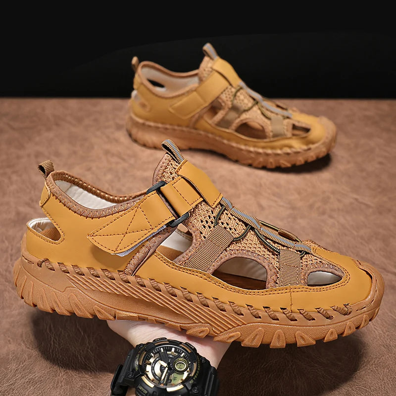 Men Outdoor Protective Toe Sandals Hollow Breathable Mesh Upper Quick Dry Lining Non Slip Walking Camping Driving Casual Shoes