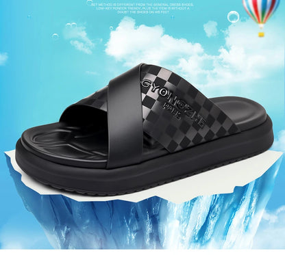 Summer New Fashion Outside Wear Slippers for Men Business Casual Black Leisure Genuine Leather Beach Shoes Slippers Man