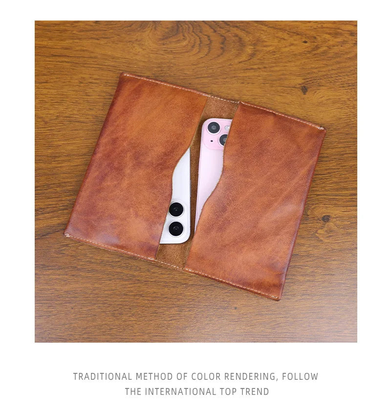 Large Capacity Men Wallet Vintage Genuine Cow Leather Handbag Card Holder Phone Pocket High Quality Handmade Male Money Clips