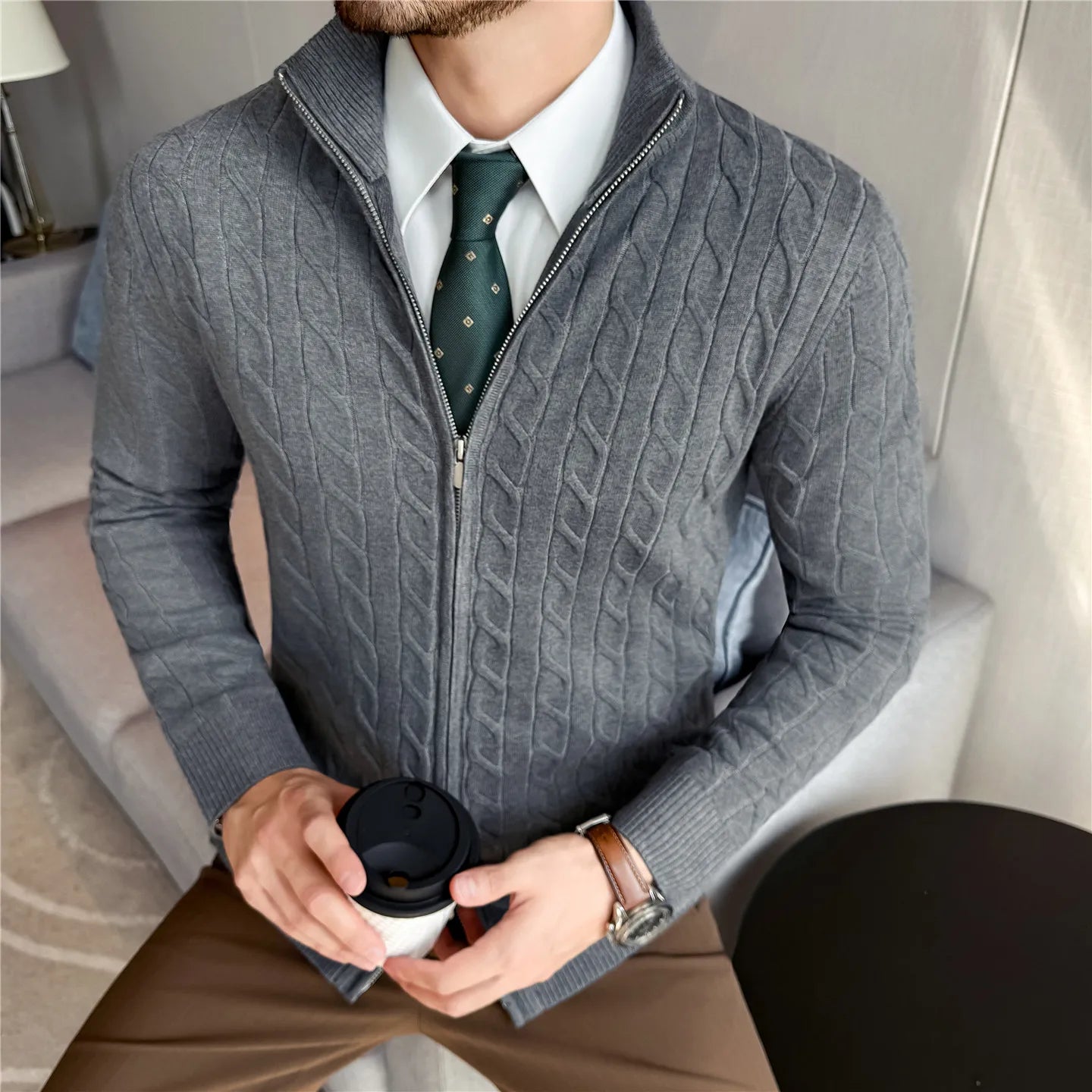 Men's Sweater Autumn Winter New Slim Fit Stand Collar Zipper Knitted Cardigan Fashion Solid Color Warm Stretch Knit Tops Coats