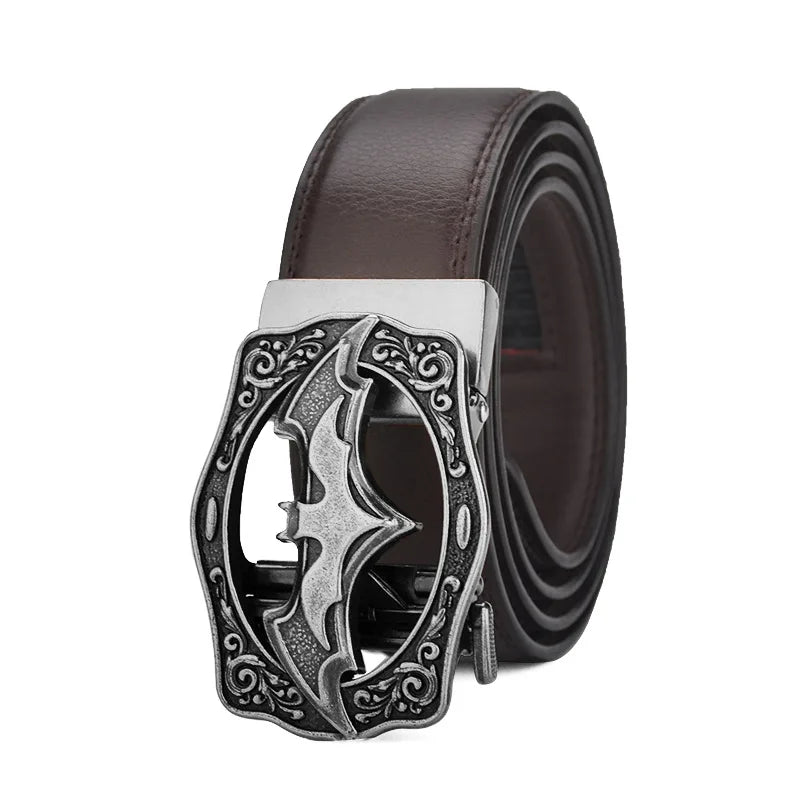 Men's Vintage Bat Pattern Genuine Leather Belt, Silver Gold Automatic Buckle, Plus Size 130 140 150 160 170cm Casual Waistband