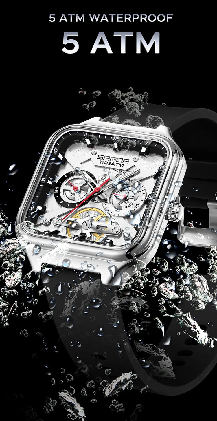 SANDA New Casual Men's Square Watches Fashion Hollow Skeleton Luminous 5ATM Waterproof Multifunction Chronograph Quartz Watch