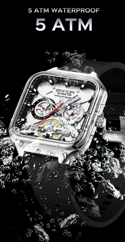 SANDA New Casual Men's Square Watches Fashion Hollow Skeleton Luminous 5ATM Waterproof Multifunction Chronograph Quartz Watch