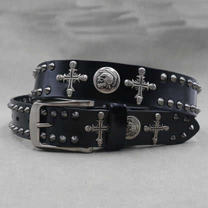 Metal Rivet Cowboy Belt Genuine Leather Cowskin Men Belt Punk Rivet Jeans Belts For Men Ceinture Homme Cinturones Hombre