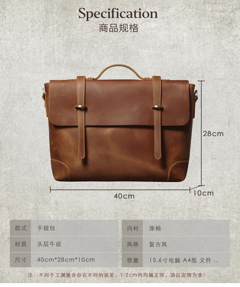 NUKA Men's Leather Handbag Vintage Business Briefcase Crazy Horse Cowhide Messenger Bag Deluxe Shoulder Bag For 15.6 Inch Laptop