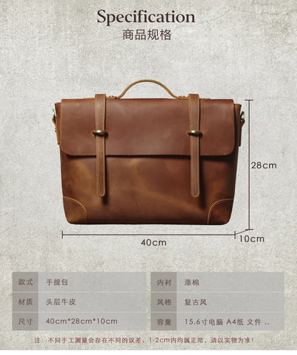 NUKA Men's Leather Handbag Vintage Business Briefcase Crazy Horse Cowhide Messenger Bag Deluxe Shoulder Bag For 15.6 Inch Laptop