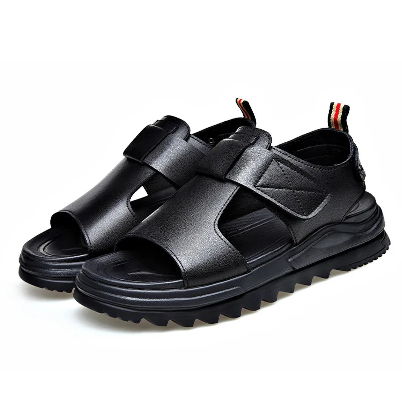 Cow Leather Men's Sandals 2026 Summer New Designer Soft Sole Fashion Casual Beach Shoes Male Black Platform Sandals Man