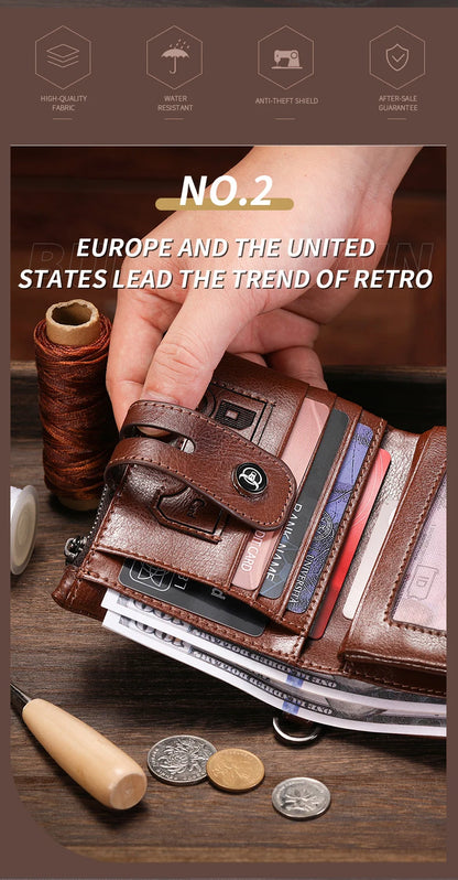 BULLCAPTAIN Men's Genuine Leather Wallet Business Retro Snap Wallet Multifunctional RFID Anti-Theft Zipper Multi-Card Coin Purse