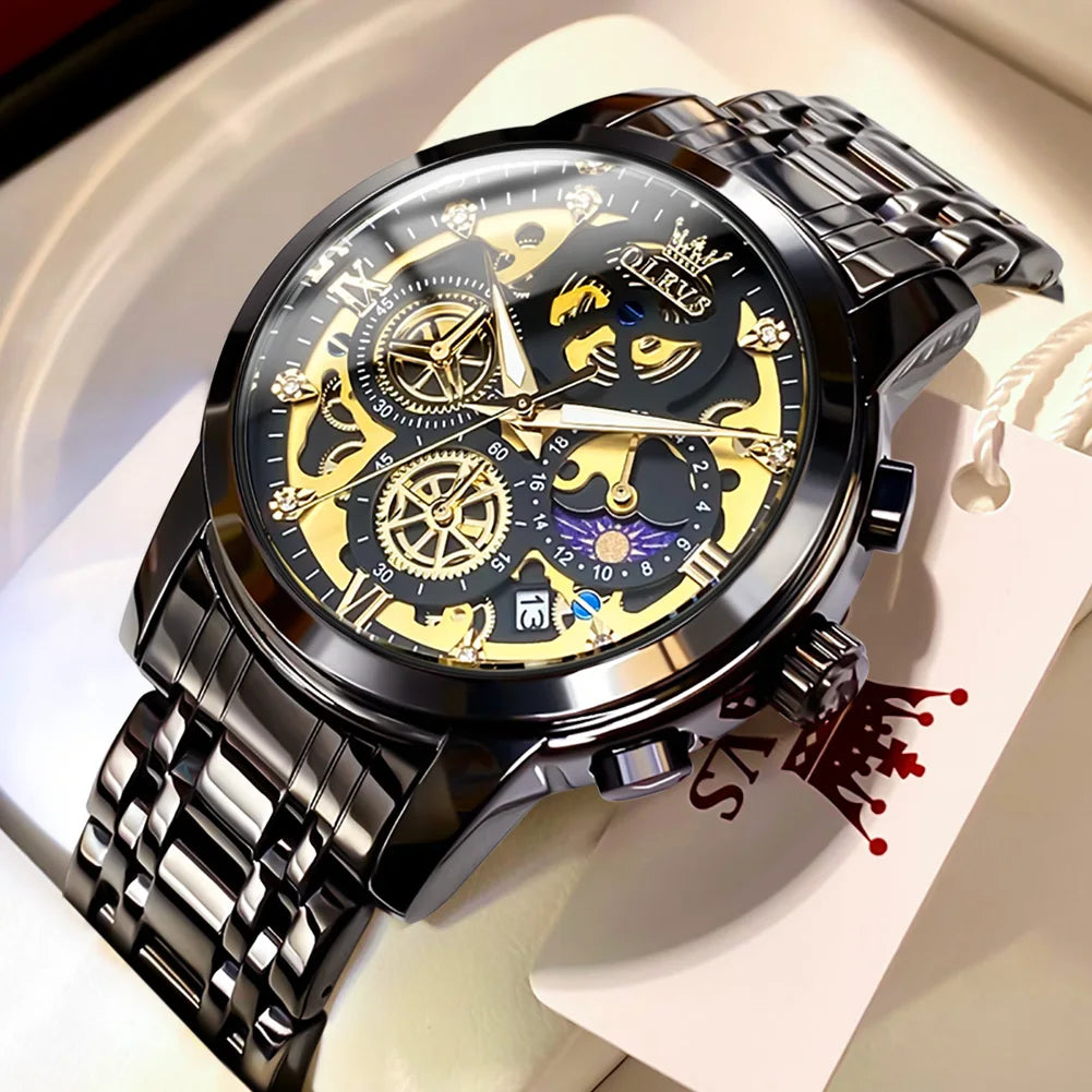 OLEVS 9947 Men's Watches Top Brand Luxury Original Waterproof Quartz Watch for Man Gold Skeleton Style 24 Hour Day Night New