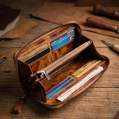 YETTIES Men's Vegetable Tanned Leather Long Clutch Wallet Large Capacity Multi-Function Document Vintage Business Handheld Purse