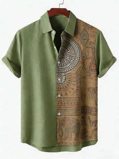 2026 Daily Men's Casual Short Sleeved Shirt with Natural Ethnic Pattern Printed Shirt Hawaii Beach Vacation Clothing