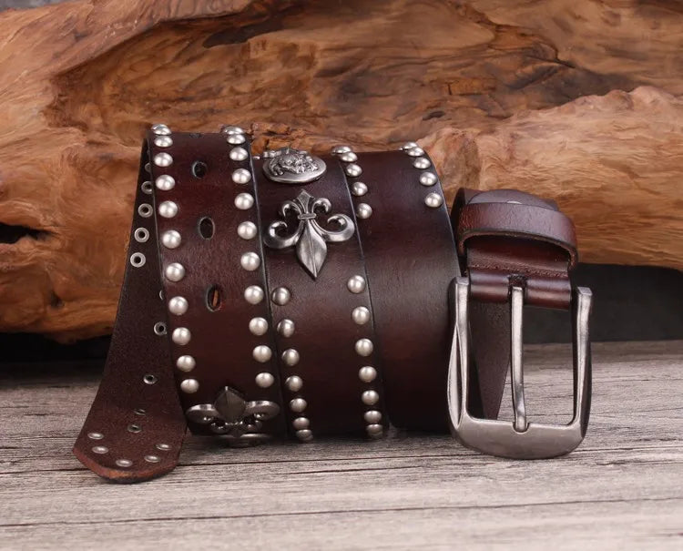 High Quality Metal Rivet Cowboy Belt Top Grain Genuine Leather Cowskin Men Belt Punk Rivet Jeans Belts For Men