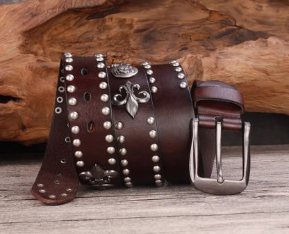 High Quality Metal Rivet Cowboy Belt Top Grain Genuine Leather Cowskin Men Belt Punk Rivet Jeans Belts For Men