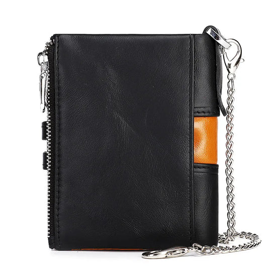 HUMERPAUL Genuine Leather Men's Wallet Fashion Quality Travel Purse Rfid Protect Credit Card Holder Wollst for Men with Chain