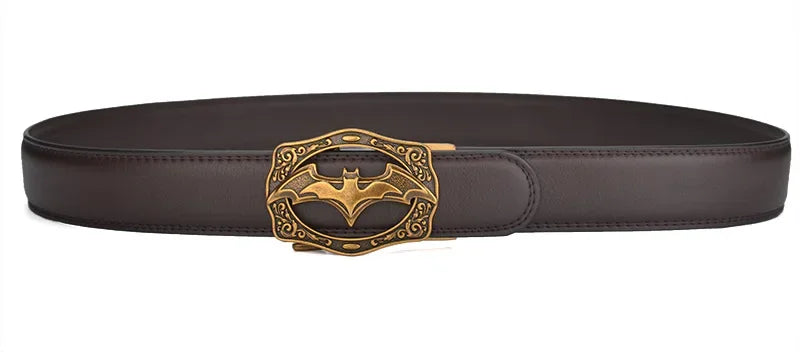 Men's Vintage Bat Pattern Genuine Leather Belt, Silver Gold Automatic Buckle, Plus Size 130 140 150 160 170cm Casual Waistband