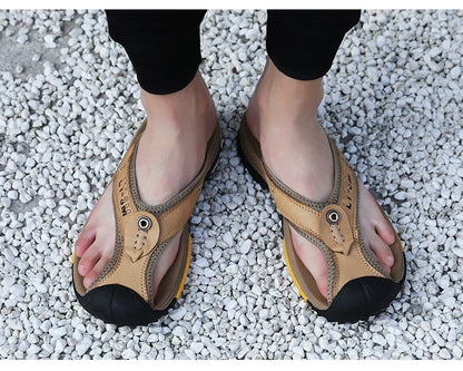 Genuine Cow Leather Shoes Men Sandals Mens Flip Flops Men's Casual Shoes Classic Massage Beach Slippers Anti-slip Summer 2021