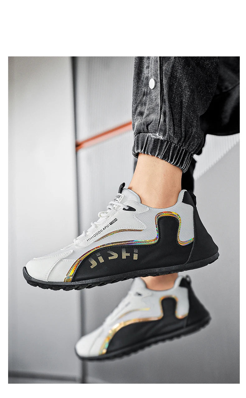 Trendy Black and Gold Color-Blocking Mesh Casual Shoes, Men's Breathable Shock-Absorbing Thick-Soled Sneakers, Versatile Soft-Soled Non-Slip Men's Shoes for Daily Commuting