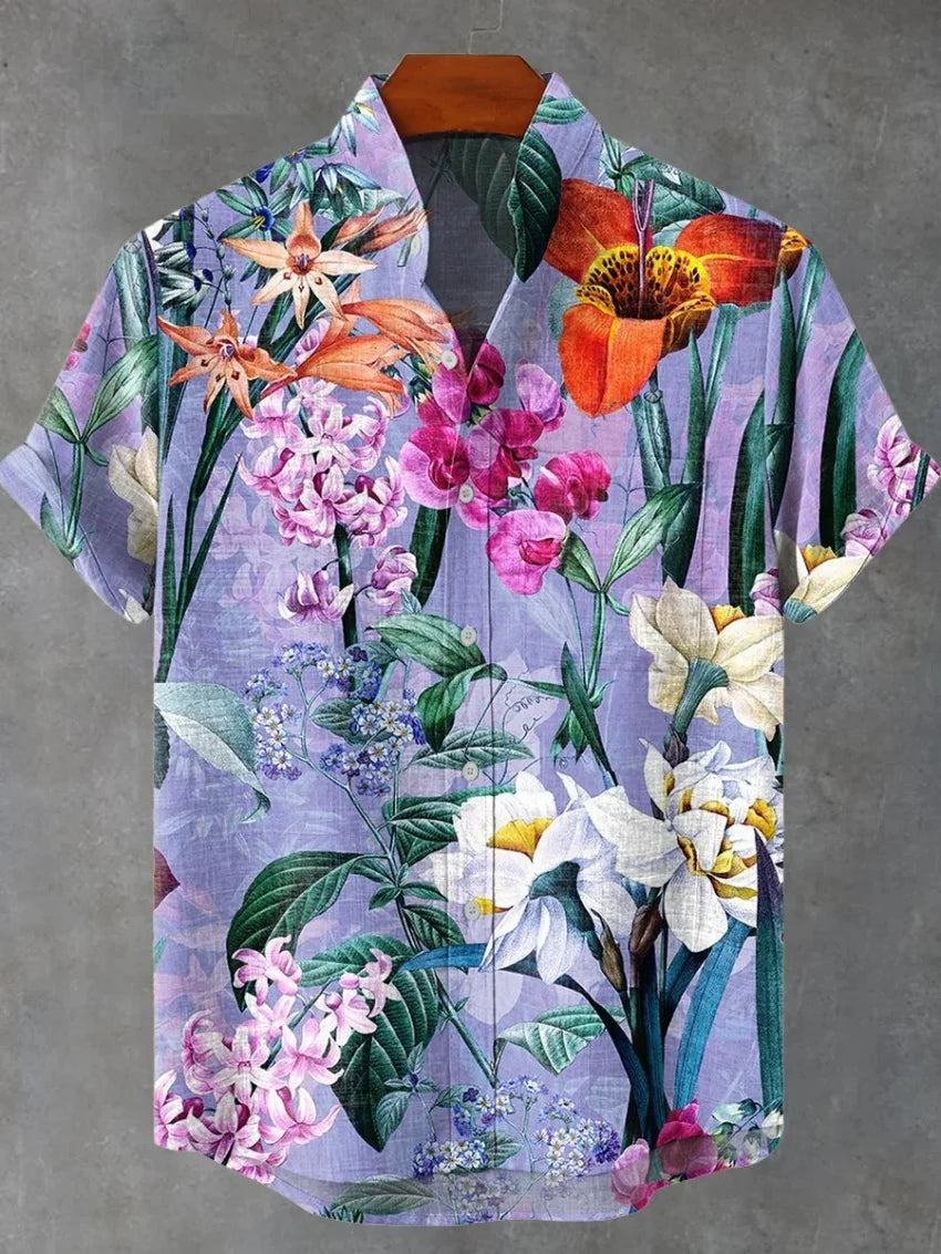 Men's Short Sleeve Shirt Hawaiian Plant Print Flap-Collar Beachfront Button Shirt Casual Top Fashion Shirt