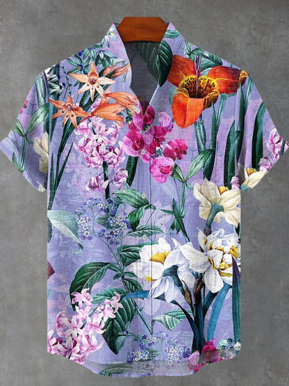 Men's Short Sleeve Shirt Hawaiian Plant Print Flap-Collar Beachfront Button Shirt Casual Top Fashion Shirt