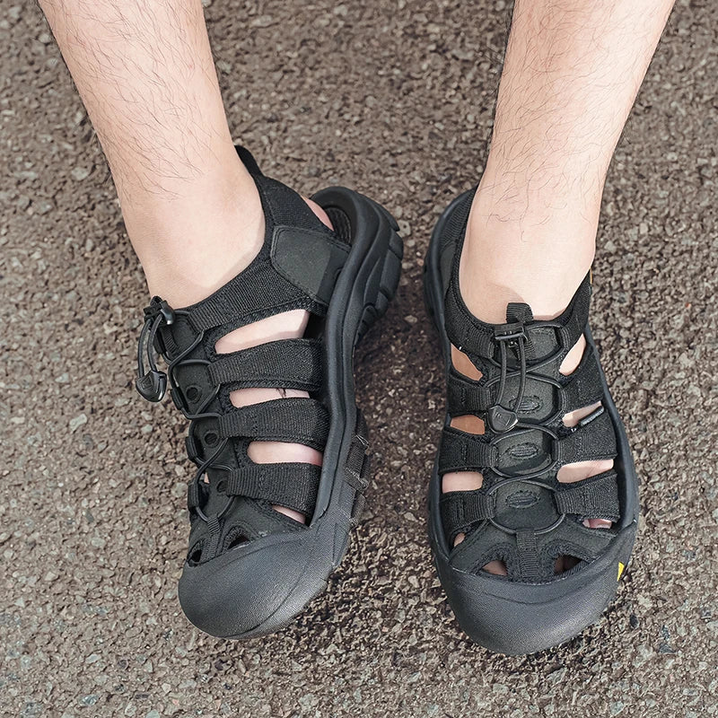Outdoor Summer Men Sandals Leather Mens Casual Shoes Non-Slip Male Beach Shoes Anti-collision Toe Roman Flats Flip-flops 38-48