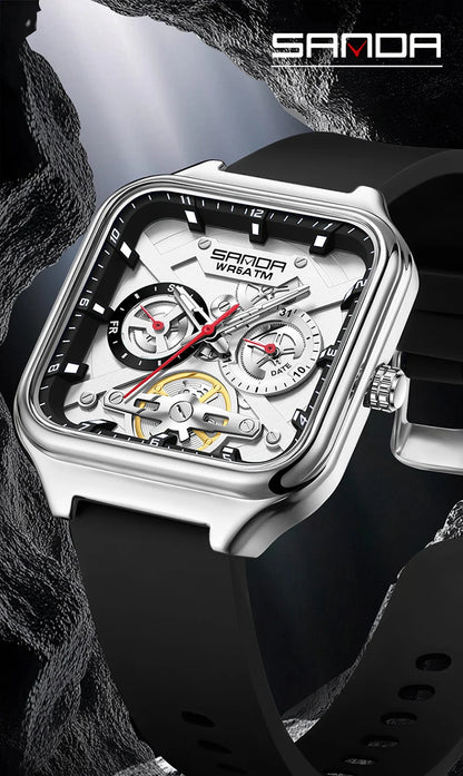 SANDA New Casual Men's Square Watches Fashion Hollow Skeleton Luminous 5ATM Waterproof Multifunction Chronograph Quartz Watch