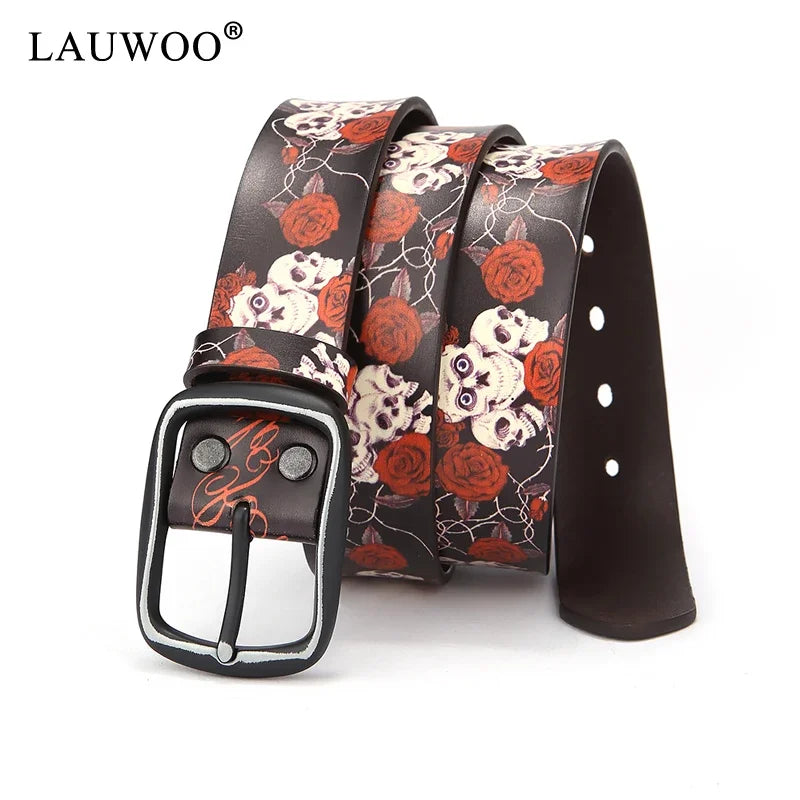 LAUWOO Women Belt Luxury Brand Genuine leather belt for men fashion printed belts  for women Retro Unisex Casual Jeans Belts