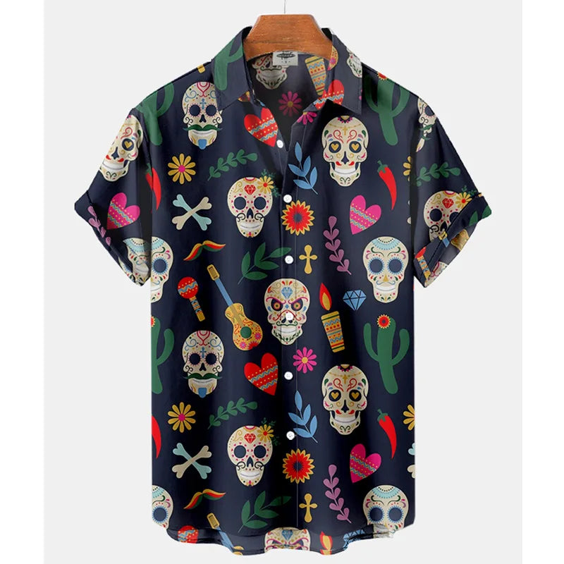 Summer New Retro Men's Shirt Devil Horror Skull Short Sleeve Shirt Collar 3D Printing