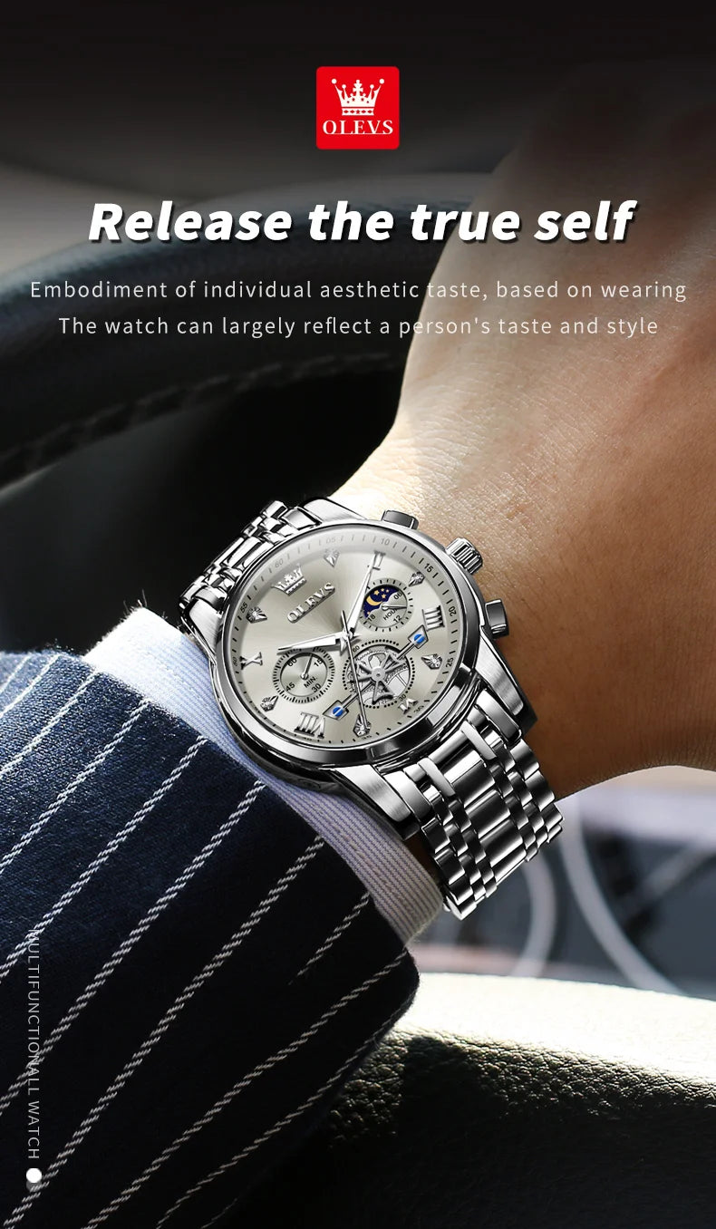 OLEVS Men's Watches Classic Multifunctional Flywheel Chronograph Original Quartz Wristwatch Moon Phase 24 Hour Waterproof Reloj