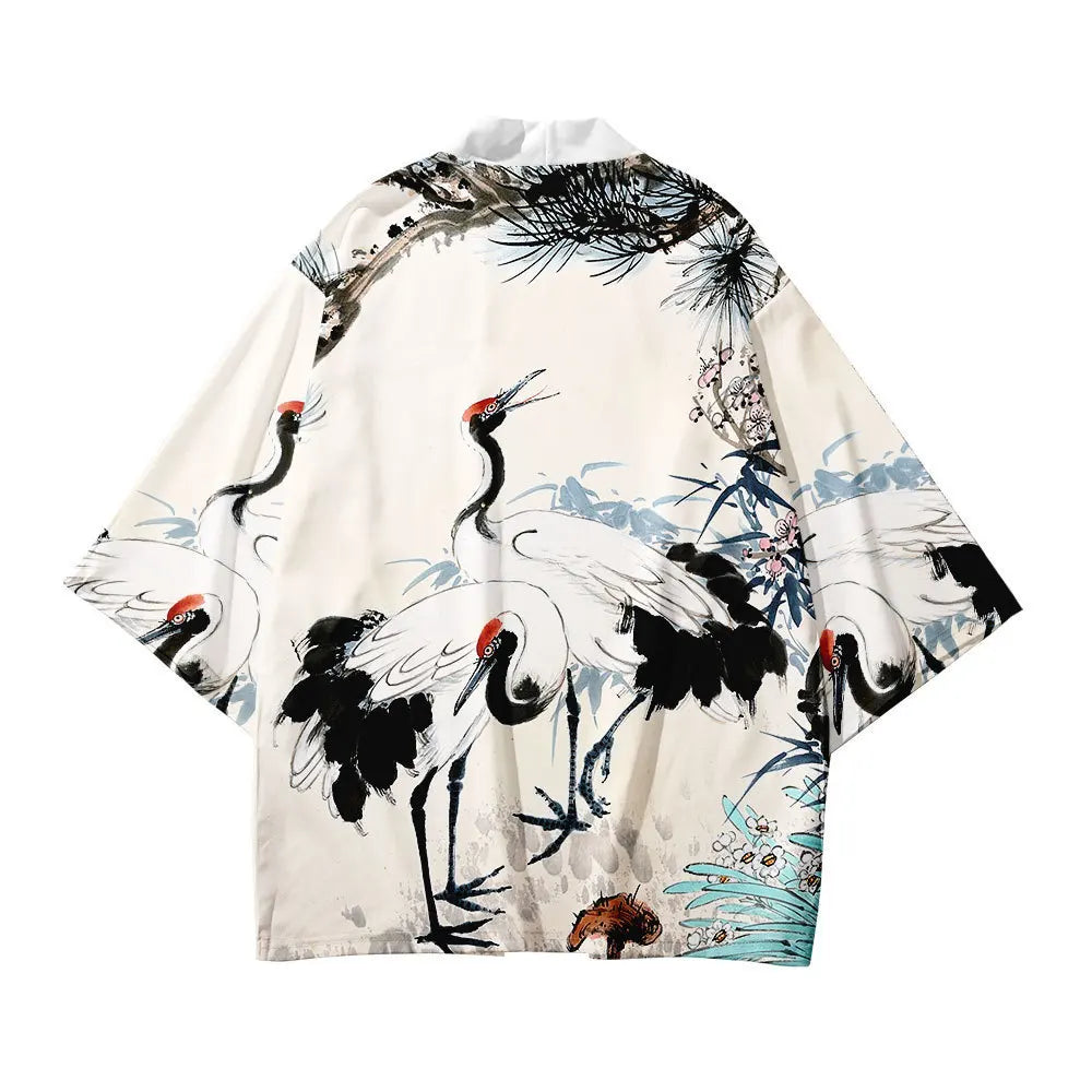 Japanese Style Cosplay Shirt 3D Crane Print For Men Women Traditional Samurai Kimono Haori Japanese Beach Yukata