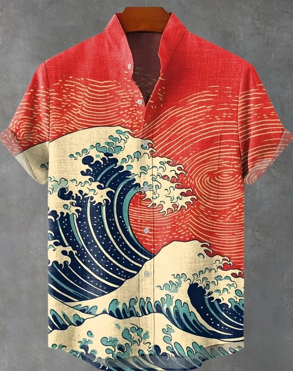 Men's striped Hawaiian shirt, casual short-sleeved top, loose and fashionable, vintage summer shirt