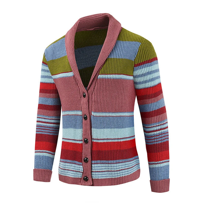 Trendy Mens Knitted Cardigans 2025 Spring Casual Button-up Lapel Sweatercoats Men Vintage Rainbow Striped Sweater Jacket Coats