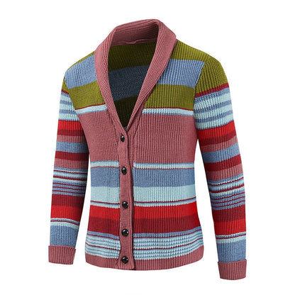 Trendy Mens Knitted Cardigans 2025 Spring Casual Button-up Lapel Sweatercoats Men Vintage Rainbow Striped Sweater Jacket Coats