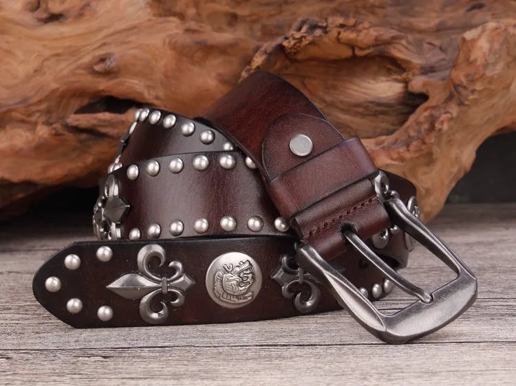 High Quality Metal Rivet Cowboy Belt Top Grain Genuine Leather Cowskin Men Belt Punk Rivet Jeans Belts For Men
