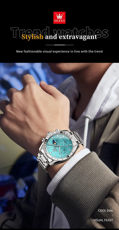 OLEVS 3618 Waterproof Luminous Date Moon Chronograph Wristwatches Mens Luxury Stainless Steel Quartz Watch for Men Reloj Hombre