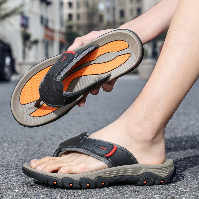 Men Sport Thong Slippers Genuine Leather Upper Adjustable Hook Loop Shock Absorb Anti Slip MD Sole Daily Beach Casual Flip Flops