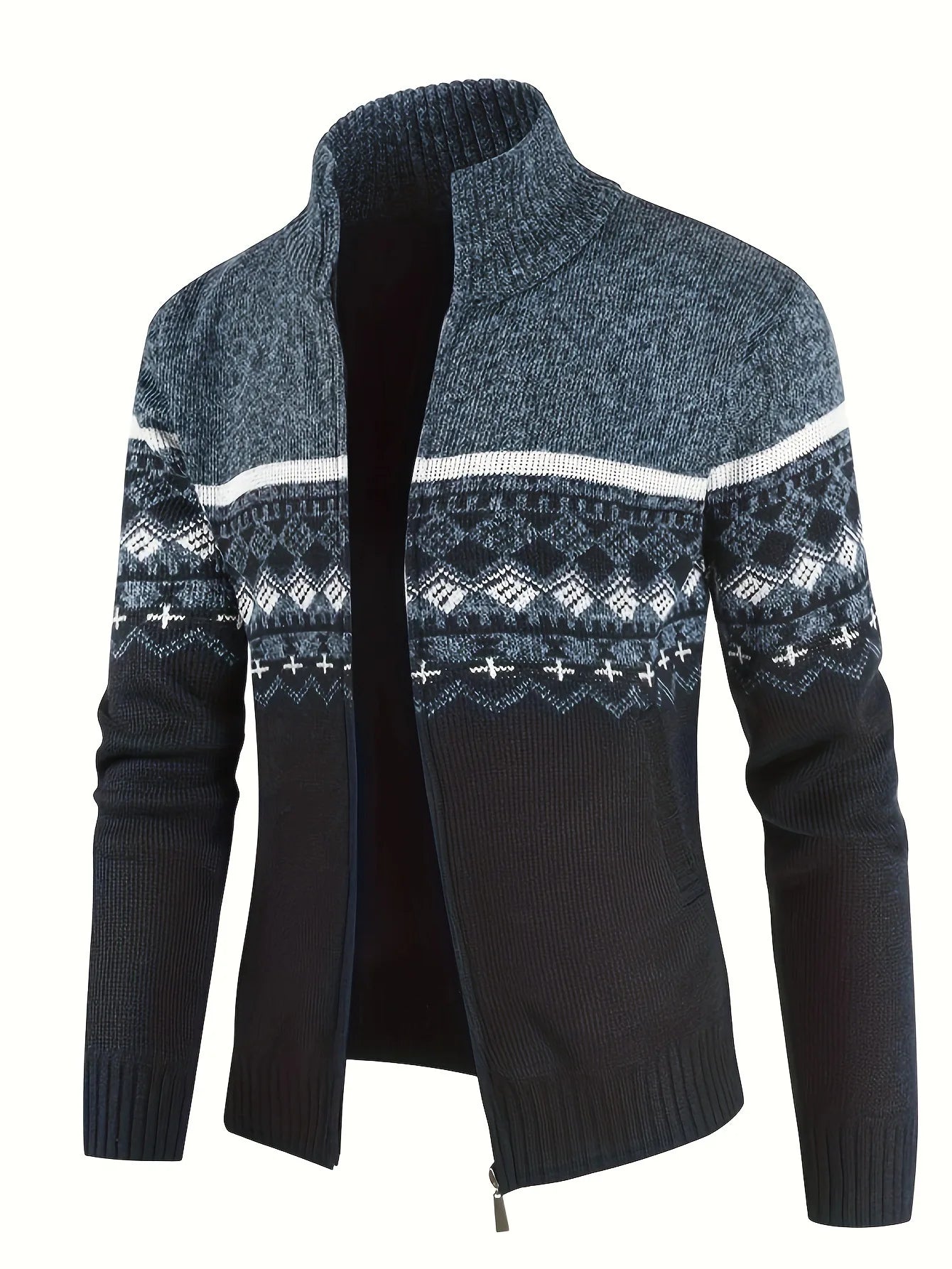 Men's Zip Up Fair Isle Cardigan Sweater Warm Knit Jacquard Stand Collar Casual Winter Pullover with Thermal Lining