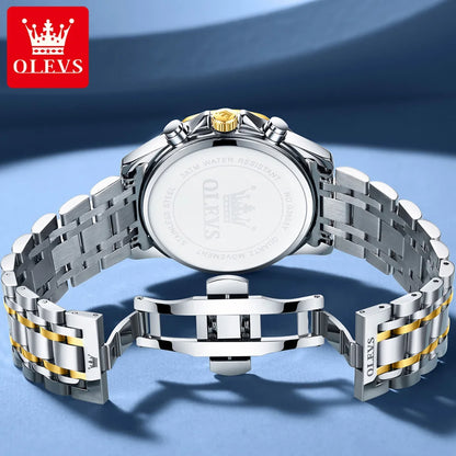 OLEVS 3653 Original Mens Quartz Watch NEW Four Functional Small Dials Chronograph 24-hour Moon Phase Stainless Steel Waterproof Man Wristwatch