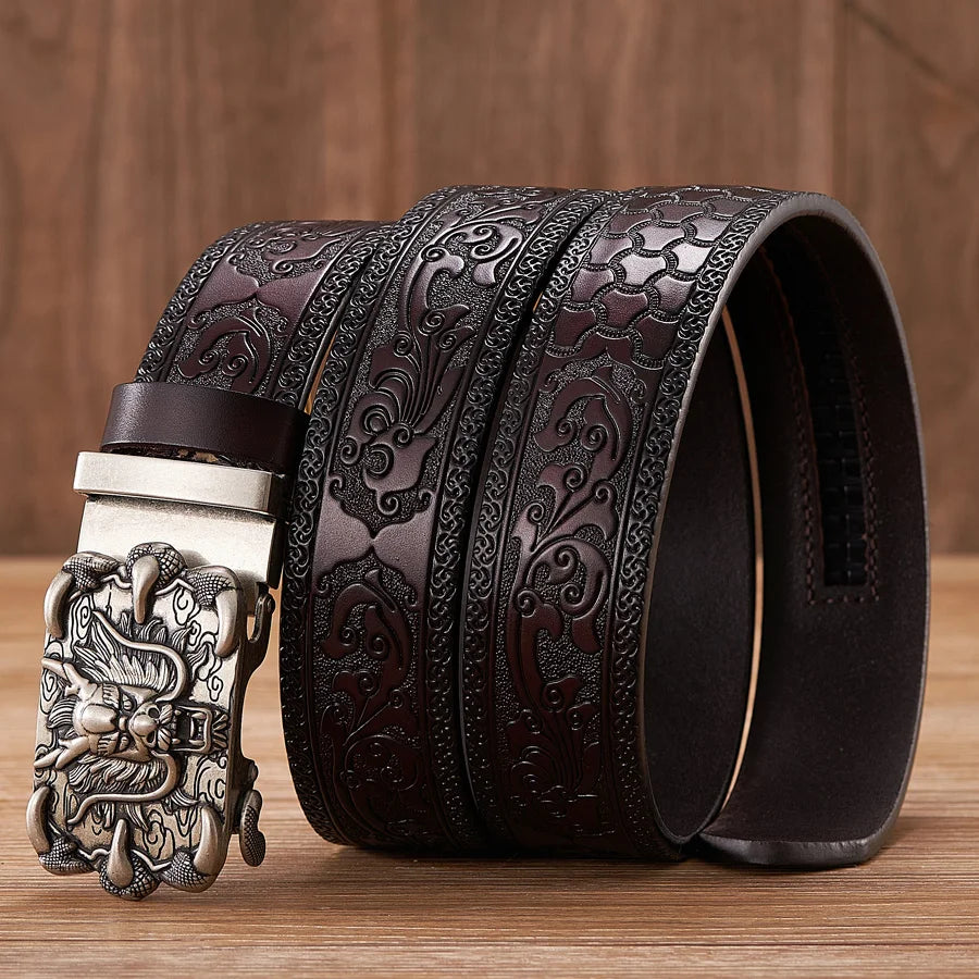 3.5cm Fashion Embossing Retro Male Belts for Men Business Split Leather Belt Dragon Pattern Automatic Buckle Strap
