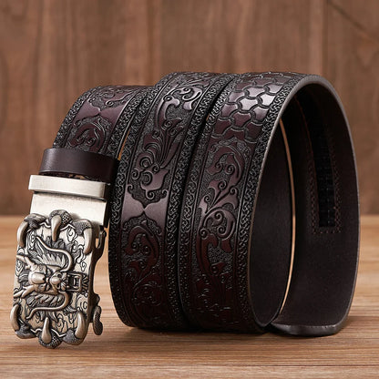 3.5cm Fashion Embossing Retro Male Belts for Men Business Split Leather Belt Dragon Pattern Automatic Buckle Strap