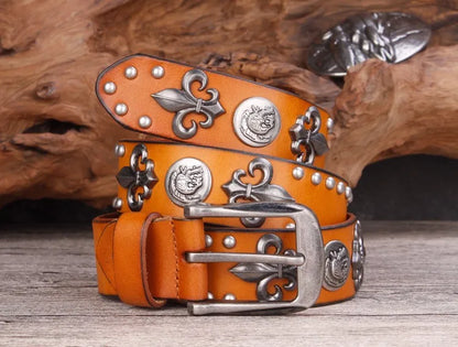 High Quality Metal Rivet Cowboy Belt Top Grain Genuine Leather Cowskin Men Belt Punk Rivet Jeans Belts For Men