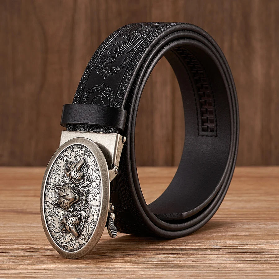 3.5cm Fashion Embossing Retro Male Belts for Men Business Split Leather Belt Dragon Pattern Automatic Buckle Strap